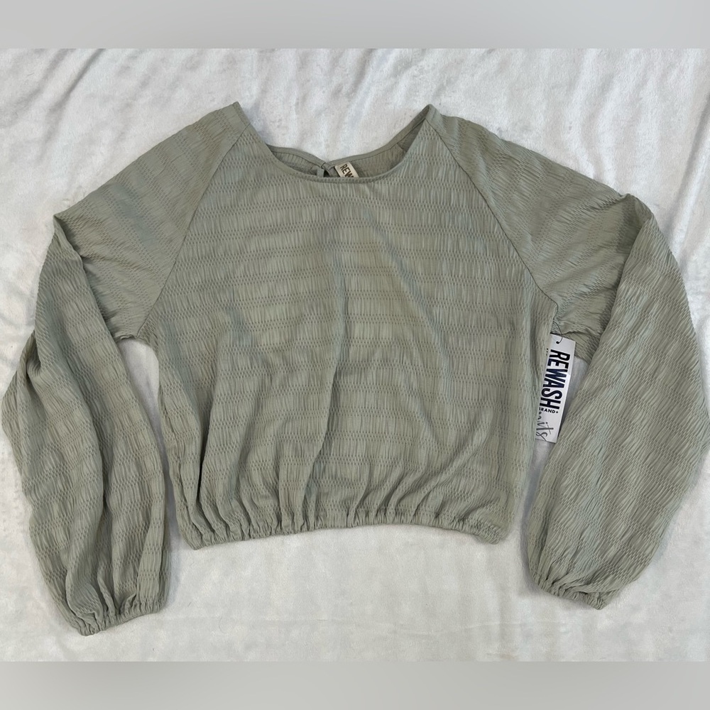REWASH Womens NWT Olive Round Neck Long Sleeve Backless Tie Cropped Blouse Top M